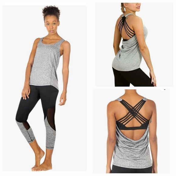 🔥Gray & Black Open Strappy Back Athletic Sleeveless Top Medium - Picture 2 of 10